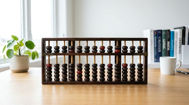 Vintage Wooden Abacus on a Desk with Books and Plant.