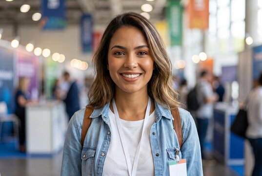 Retrato de uma jovem mulher brasileira sorridente usando crach&aacute; em branco em uma feira de empregos ou evento corporativo. Conceito de carreira, networking e recrutamento