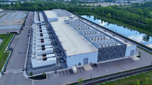 Aerial view of a large modern data center building for cloud computing storage in Hilliard, Ohio, USA