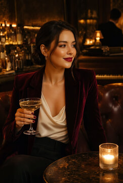 An elegant woman holds a champagne coupe at in a moody jazz club. Dim candlelight, warm golden reflections, and a piano in the background frame a sophisticated night out