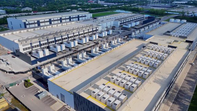 Aerial view of data center server farm for cloud computing and cryptocurrency mining in Hilliard, Ohio, USA