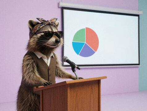 Raccoon wearing headband and sunglasses presents pie chart on screen. Animal stands at podium near microphone giving speech in studio. Quirky business presentation concept.