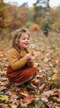Young girl blowing dandelion seeds in autumn forest.