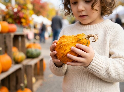 Young child holding a unique bumpy pumpkin at an autumn market.