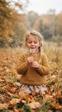 Young girl blowing dandelion seeds in autumn forest.