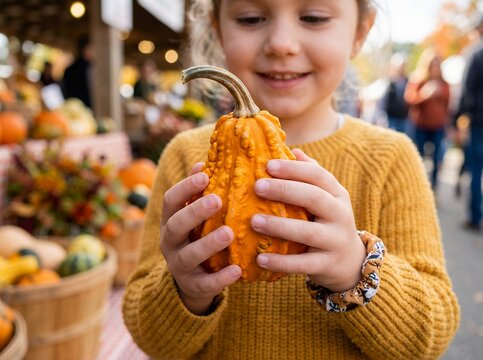 Young girl holding a decorative gourd at a fall farmers market.