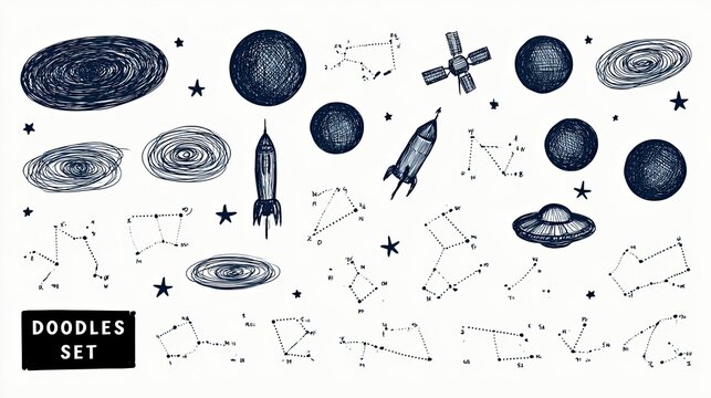 Hand-drawn cosmic doodles planets, galaxies, rockets, constellations, UFO, satellite