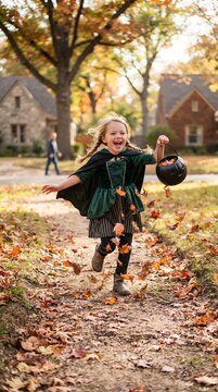 Young Girl in Costume Running Through Autumn Leaves.