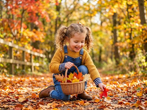 Young Girl Collecting Autumn Leaves in a Basket During Fall Season.