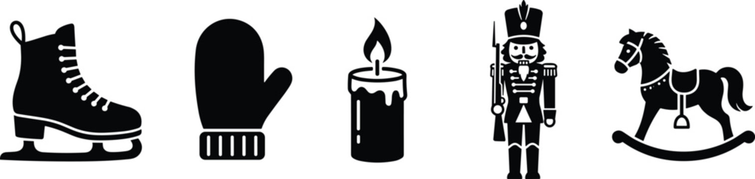 Collection of winter and christmas holiday silhouette icons featuring ice skate mitten burning candle nutcracker and rocking horse