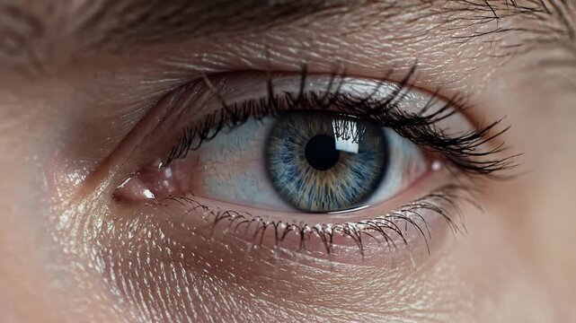 Macro closeup of a human blue eye showing intricate iris patterns, eyelashes, and pupil.