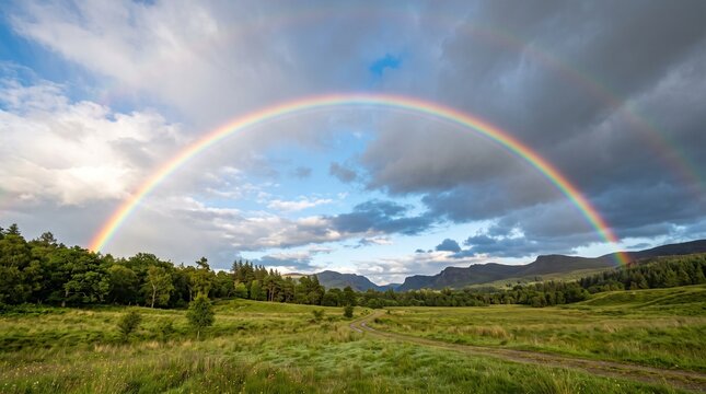 Vibrant double rainbow arches over a lush green valley with rolling hills and dramatic clouds