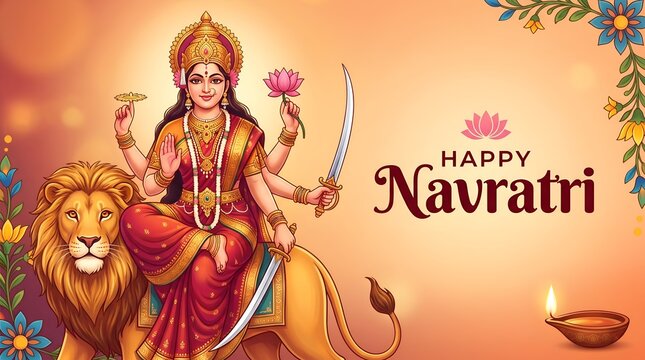 Beautiful illustration of goddess durga sitting on a lion with traditional decorations for the hindu festival happy navratri