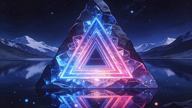Glowing geometric iceberg with neon triangles reflecting in water at night