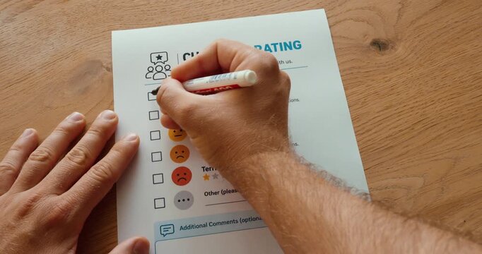 Person marking an excellent customer rating on a feedback form, showing maximum satisfaction and positive service experience.