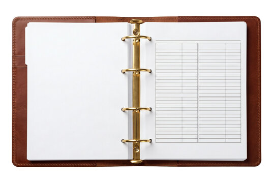 Open leather ring binder organizer on transparent background, personal daily planner notebook with blank lined calendar pages. Professional office schedule management notebook creates stationery.