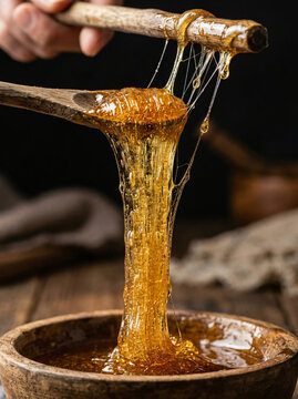 Golden honey dripping from a wooden dipper into a rustic wooden bowl.
