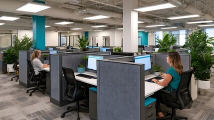 Obraz premium Modern open plan office with employees working at individual cubicles surrounded by green plants and overhead lighting