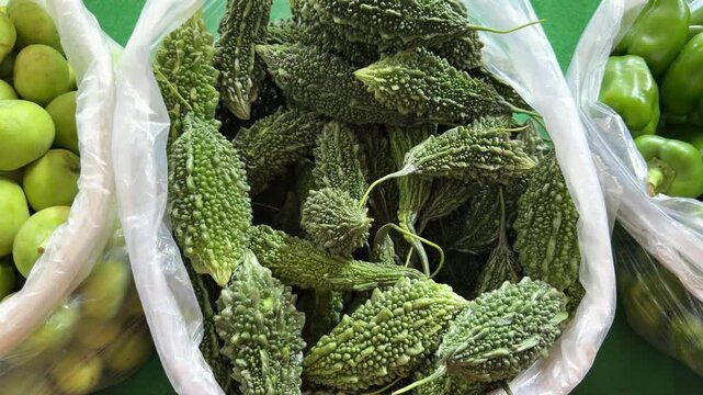 Fresh green bitter gourd vegetables at the market