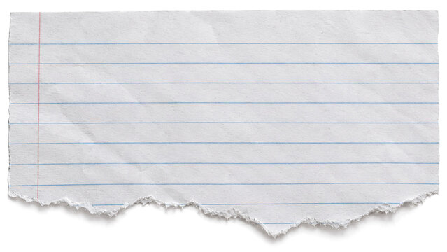 Torn piece of white lined notebook paper with red margin line