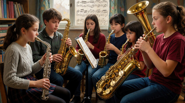 Children group plays brass instruments together in classroom. Young musicians practice saxophone and tuba making music. Kids learn orchestral band skills with sheet music and instruments.