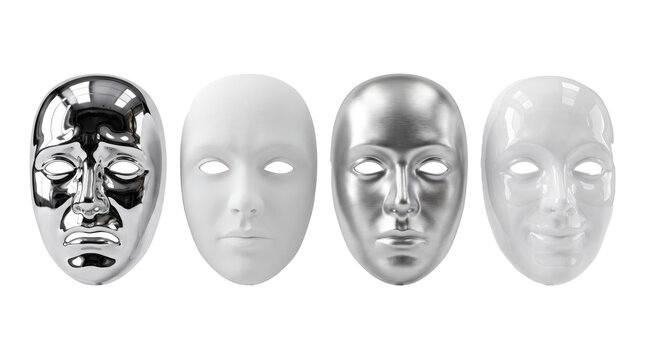 Four expressionless white and silver theatrical masks.