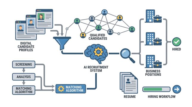 AI recruitment system vector diagram illustrating automated candidate filtering resume screening and hiring