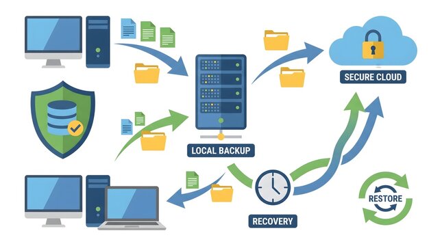 Local backup and cloud recovery vector diagram showing file transfers server database and schedule clock