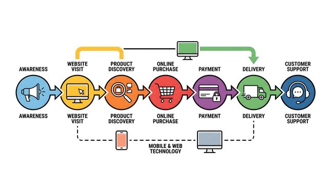 Customer e-commerce journey infographic showing site visit product discovery online purchase and delivery