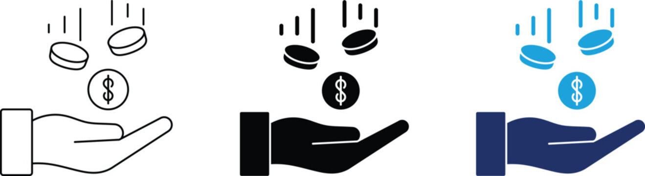 Falling coins into hand icon set, minimal finance symbols for income, investment, and cashback applications.