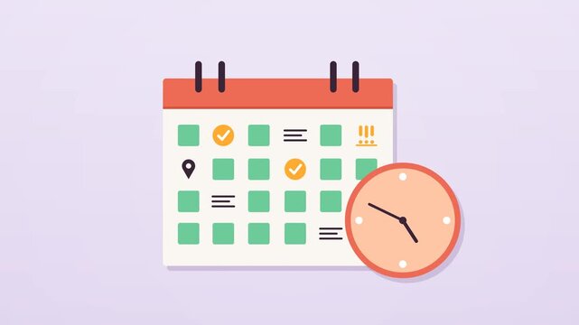 Calendar and clock icons with green date squares, check marks and moving clock hands on lavender background, flat animation
