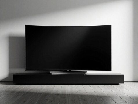 Curved black television sits on minimalist stand in modern room. Screen is dark, suggesting standby mode or power off. Elegant electronic device reflects dim light.