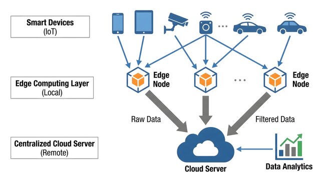 Edge node architecture diagram showing raw data collection camera sensors and cloud server integration