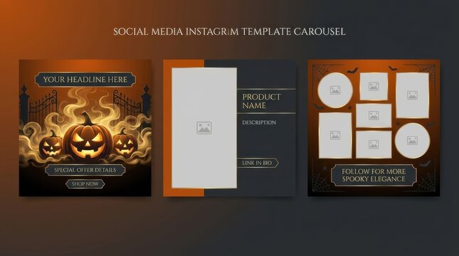 Instagram carousel template slides featuring Halloween spooky pumpkins and elegant product display designs
