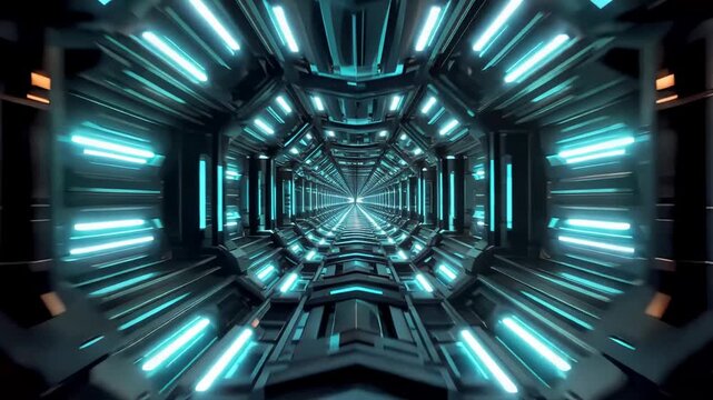 Cyan Sci-Fi Tunnel with Pulsing Neon Illumination