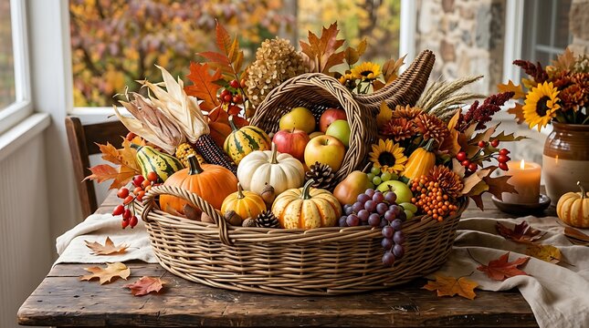 Cornucopia filled with harvest vegetables and autumn fruits for display.