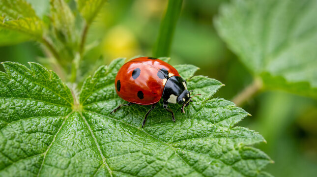 A vibrant red ladybug resting on a green leaf in the garden.