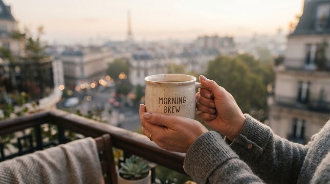 Woman holding a mug of coffee on a balcony overlooking Paris at sunrise.