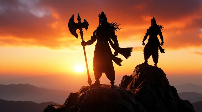 Silhouette figures of Lord Shiva and Parshuram stand atop rocky mountain peaks at vibrant sunset. They hold weapons, evoking power and spiritual devotion against a dramatic orange sky.