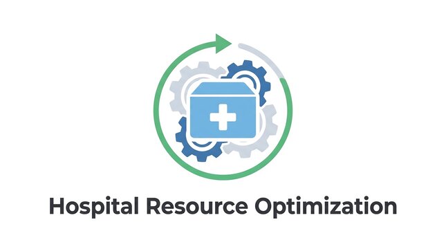 Hospital resource optimization concept with medical box and rotating gear icons