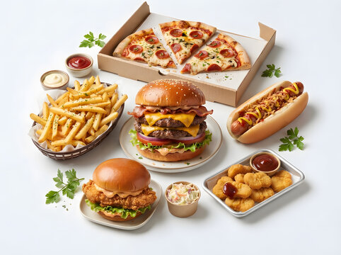 Fast food meal set with burgers, hot dogs, fries, and pizza on white table for takeout or party