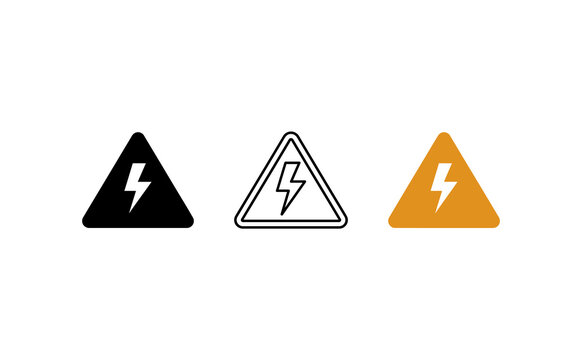 High voltage warning sign set, electrical hazard triangle icons, lightning bolt danger symbols for industrial safety and power station security