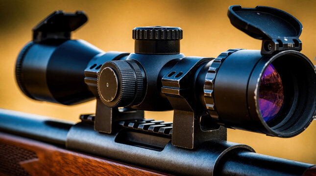 Close up of black rifle scope mounted on wooden hunting gun. Optical sight device for precision shooting, aiming. Tactical sniper equipment with lens caps open for target practice hunting in nature.