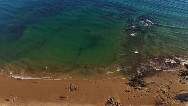 Aerial rocks and cliffs seascape shore view of beach, Algarve. Praia do Barranco das Belharucas