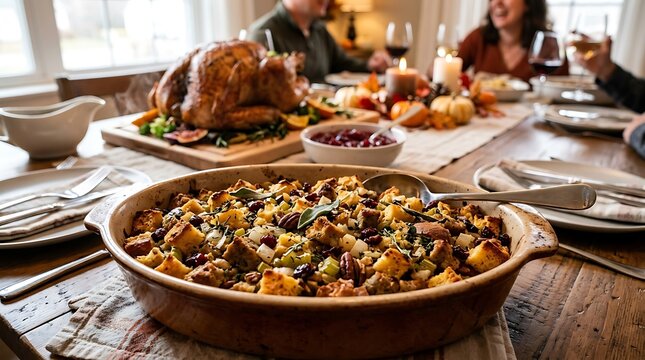 Savory herb stuffing casserole served at cozy Thanksgiving dinner.