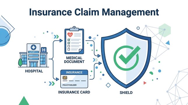 Hospital insurance claim management process flow infographic with medical documents and policyholder card icons