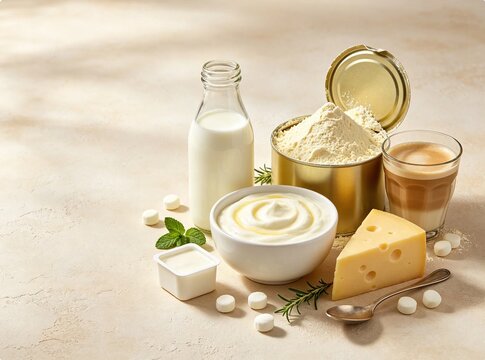 ogurt, milk, milk powder, cheese and cream arranged in a warm dairy scene