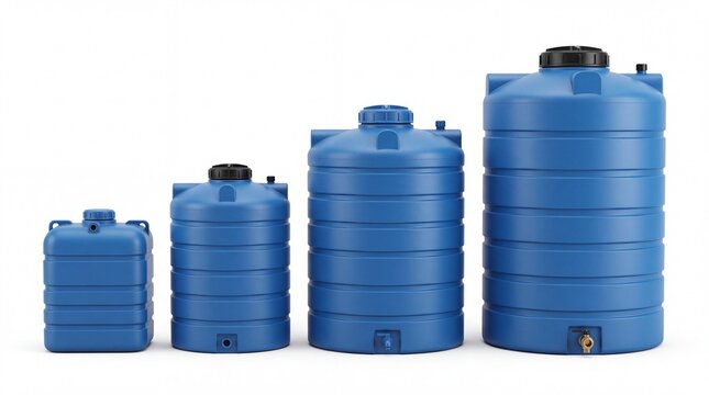 Four blue plastic water storage tanks varying in size isolated on a bright on white background