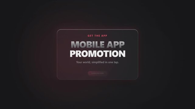 Mobile app promotion animation with glowing dark red rounded rectangle card, bold promotional typography, subtle light effects and a prominent call to action button on a dark background