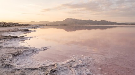 Fototapeta premium Calm Pink Saltwater Lagoon with Reflective Shoreline and Distant Mountain Silhouette